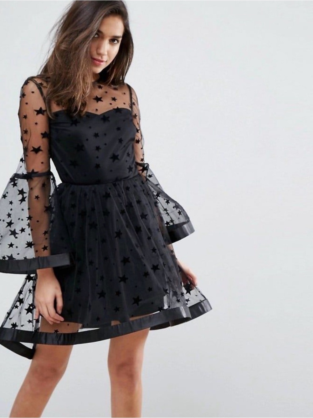 ASOS DESIGN Star Mesh Fluted Sleeve Black Mini Tulle Skater Dress Size 0